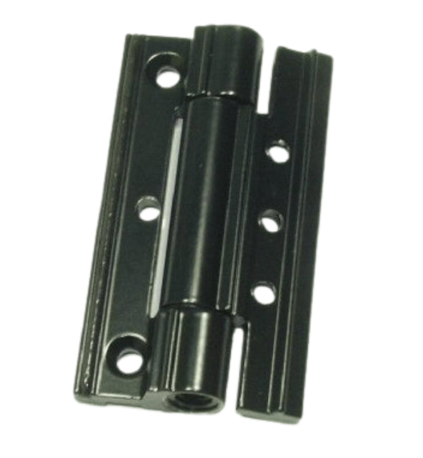 Black metal hinge on a white background